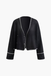 Contrast Trim V-neck Button Up Knit Cardigan