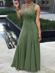 Plus Size Sleeveless Solid Color Split-Joint U-Neck Maxi Dresses