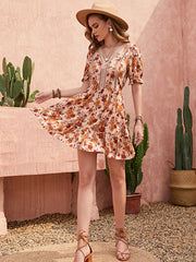Bohemia A-Line High Waisted Floral Printed V-Neck Mini Dress