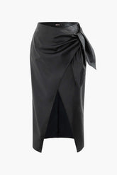 Faux Leather Wrap Knot Midi Skirt