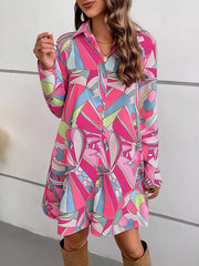A-Line Long Sleeves Printed Split-Joint Lapel Mini Dresses Shirt Dress