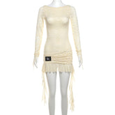 Backless Bandage Long Sleeve Dress For Women Women Sexy Y2K Lace Splice Ruched Ribbons Slim Fit Hot Girl Club Party DressChristmas Gifts