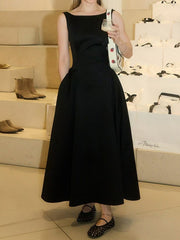 No Belt Pleated Solid Color Zipper A-Line Loose Round-Neck Midi Dresses