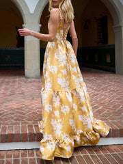 Flower Printed Ruffled Sleevless Bandage Maxi Dresses