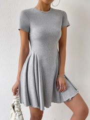 A-Line High Waisted Pleated Solid Color Round-Neck Mini Dresses