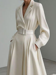 Long Sleeves Loose No Belt Solid Color Notched Collar Maxi Dresses