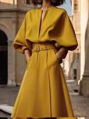 Half Sleeves Loose Belted Solid Color Deep V-Neck Maxi Dresses