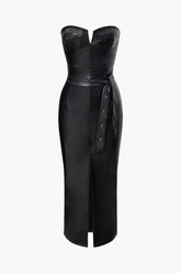 Faux Leather Strapless Slit Belted Midi Dress