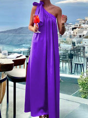 Asymmetric Pleated Solid Color Tied A-Line Loose One-Shoulder Maxi Dresses