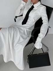 Buttoned Solid Color Split-Joint Split-side A-line Flared Sleeves Lapel Shirt Dress Maxi Dresses