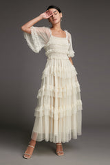 - Beige Swiss Dot Mesh Ruffle Tiered Midi Dress