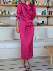 A-Line High Waisted Pleated Solid Color Split-Front Mock Neck Maxi Dresses