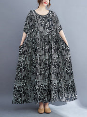 Vacation Loose Short Sleeves Floral Printed Contrast Color Round-Neck Midi Dresses