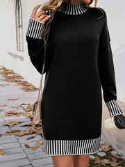 Long Sleeves Loose Contrast Color Split-Joint Mock Neck Mini Dresses Sweater Dresses