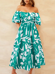 Contrast Color Elasticity Pleated Pockets Printed A-line Espadrilles Off-the-shoulder Midi Dresses