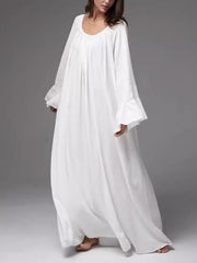 Pleated Solid Color Split-Joint Flared Sleeves Loose Round-Neck Maxi Dresses