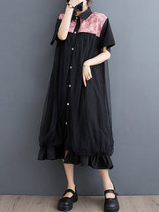 Falbala Printed Split-Joint Loose Short Sleeves Lapel Midi Dresses