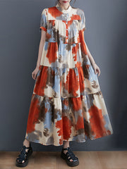Printed Split-Joint Loose Short Sleeves Stand Collar Midi Dresses
