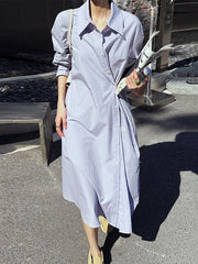 Long Sleeves Loose Asymmetric Solid Color Lapel Shirt Dress