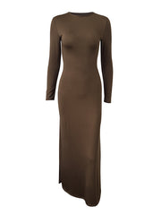 Bodycon Long Sleeves Backless Hollow Solid Color Split-Side Round-Neck Maxi Dresses