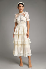 - Beige Mesh Lace Trim Pleated Tiered Maxi Dress