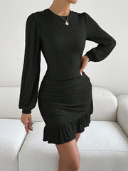 Bodycon Long Sleeves Pleated Ruffle Trim Solid Color Split-Joint Round-Neck Mini Dresses