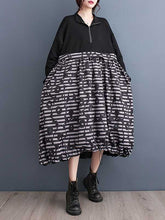 Drawstring Printed Split-Joint Zipper Long Sleeves Loose Midi Dresses