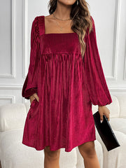 Pockets Solid Color Split-Joint Velvet A-Line High Waisted Square-Neck Mini Dresses