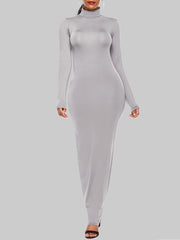Bodycon Long Sleeves Solid Color High Neck Maxi Dresses