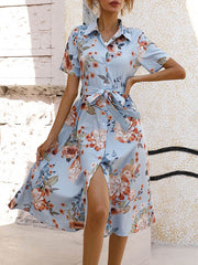 Buttoned Flower Print Tied Waist A-Line Loose Lapel Midi Dresses