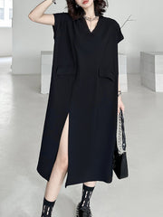 Loose Short Sleeves Asymmetric Solid Color Split-Joint Split-Side V-Neck Midi Dresses