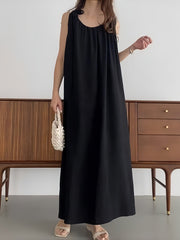 High Waisted Loose Pleated Solid Color Tied Round-Neck Maxi Dresses