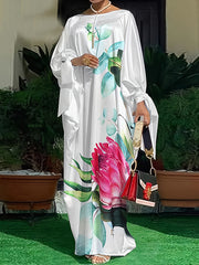 Batwing Sleeves Loose Flower Print Tied Round-Neck Maxi Dresses