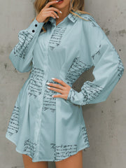 Letter Print Pleated Split-Joint Long Sleeves Loose Lapel Shirt Dress Mini Dresses