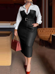 Long Sleeves Skinny Belted Buttoned Split-Joint Lapel Midi Dresses Shirt Dress