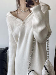Simple Long Sleeves Loose Buttoned Solid Color High-Neck Sweater Dresses