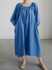 Original Casual Loose Solid Color Pleated Puff Sleeves Midi Dress