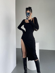 Ribbed Solid Long Sleeve Square Neck Mid Length Dress Sexy Side Slit Evening Party Elegant Vestido Ladies Dresses Bodycon