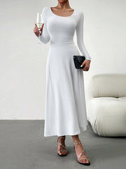 A-Line High Waisted Solid Color Tied Waist U-Neck Midi Dresses