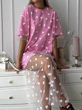 Heart Print Mesh See-Through Split-Joint Loose Short Sleeves Round-Neck Midi Dresses