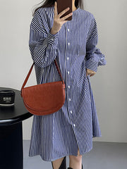 Striped Long Sleeves Loose Round-Neck Shirt Dress Midi Dresses