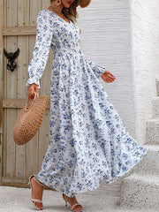 Elasticity Floral Printed Long Sleeves Loose V-neck Maxi Dresses