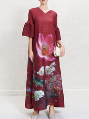 A-Line Flared Sleeves Flower Print Pleated V-Neck Maxi Dresses