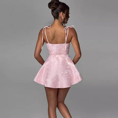 Jacquard Suspender Mini Dress Women's A-line Hem Spaghetti Strap Dress Sexy Backless Lace Up Female Party Evening OutfitChristmas Gifts