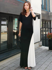 Black&White Split-joint V-neck Long Dress