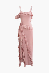 3D Flower Ruffle Slit Cami Maxi Dress