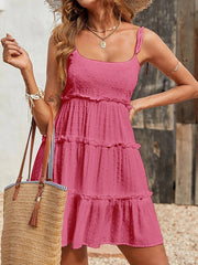 Jacquard Layered Pleated Solid Color Split-Joint A-Line Loose Spaghetti-Neck Mini Dresses