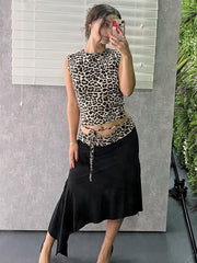 Fashion Double Wear Skirt Suit Female Leopard Print Lace Up Sleeveless Vest Irregular Splice Skirt Two Pieces Set Women's