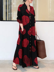 Printed Split-Joint Long Sleeves Loose Lapel Shirt Dress Maxi Dresses
