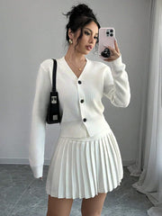 Retro Knitted Long Sleeve Sweater High-Waisted Pleated Skirt Two Piece Set For Women Niche Solid Matching Sets Autumn NewChristmas Gifts